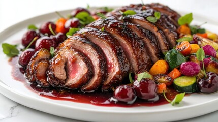 Pan-seared duck breast with cherry reduction and vegetable medley