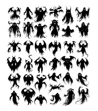 Halloween evil spirit icons black ink vector set. Spooky creepy poltergeist ghost, little scary soaring phantom revenant shade tiny wraith demon specter , isolated vector on white background