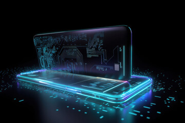 Futuristic holographic interface displayed on a transparent glowing surface in a dark setting
