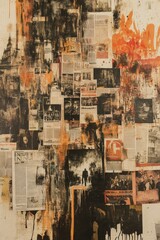 Abstract collage; textured; layered; newspaper; paint.