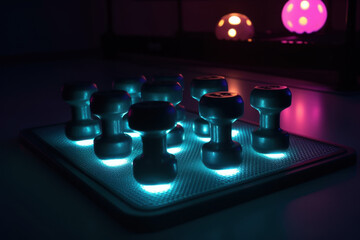 Futuristic glowing cylinders arranged in a grid pattern on a high-tech surface in neon lighting