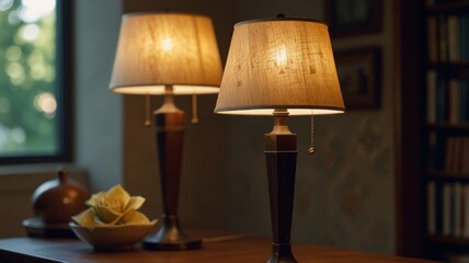 Two illuminated table lamps on wooden surface.