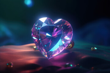 Fototapeta premium Crystal heart with vibrant pink and purple reflections resting on a glowing surface