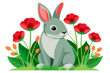 Rabbit Sitting on Green Grass with Vibrant Red Poppy Flowers – Nature Illustration in Flat Design