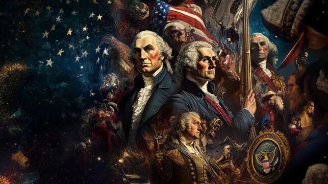 Founding fathers, flag, historical figures, patriotic collage.