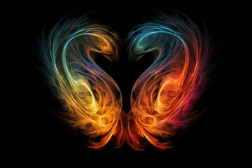 Abstract glowing feathers in vibrant colors forming a dynamic artistic composition