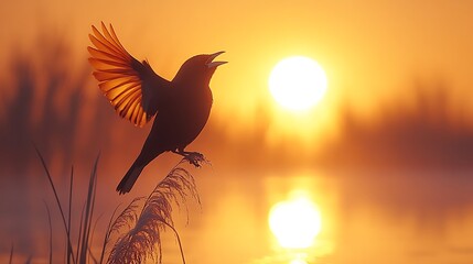 Obraz premium Redwinged Blackbird Agelaius phoeniceus glossy black bird red yellow wing patch calling out cattail perch wetland sunrise
