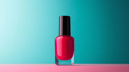 red  nail polish with black cap isolated on blue background , bottle of nail polish ,Manicure and pedicure concept