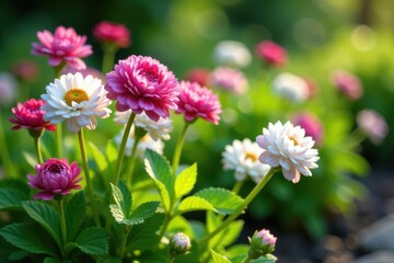 Pink and white ranunculus flowers in a lush, green garden, flowers, spring