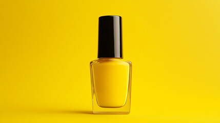 yellow nail polish with black cap isolated on yellow  background , bottle of nail polish ,Manicure and pedicure concept