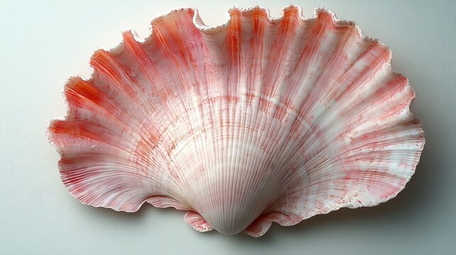 Close-up of a delicate, pink scallop shell with intricate ridges and radiating lines, set against a plain white background. - Powered by Adobe