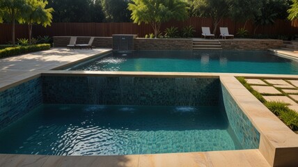 Luxury backyard pool with spa and waterfall feature.