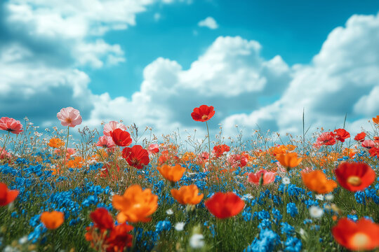 Photo r&eacute;aliste professionnelle d&rsquo;un champ vibrant de fleurs sauvages sous un ciel bleu clair, avec des fleurs color&eacute;es se balan&ccedil;ant doucement dans la brise