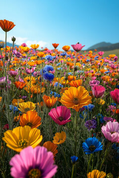Photo r&eacute;aliste professionnelle d&rsquo;un champ vibrant de fleurs sauvages sous un ciel bleu clair, avec des fleurs color&eacute;es se balan&ccedil;ant doucement dans la brise