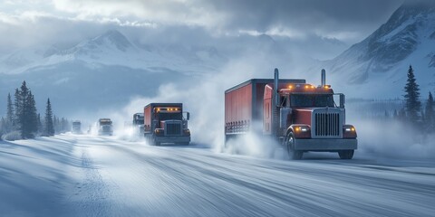 Convoy of red semi-trucks driving on snowy mountain road in winter