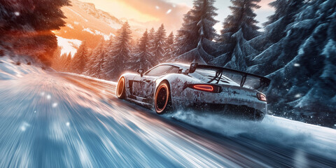 Sports car speeding on snowy mountain road at sunset