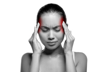 Irritated sick young asian woman rubbing her head, massaging temples lighten with red, suffering...