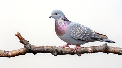 Fototapeta premium Rock Dove Columba livia classic gray pigeon iridescent neck feathers perched alone on a branch isolated on white background Perfect for urban wildlife concepts