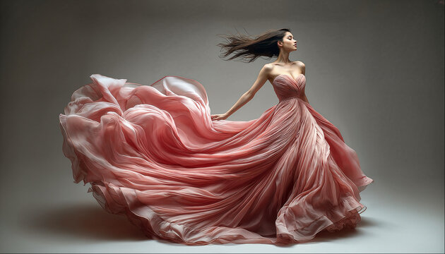 Elegant woman twirling in a flowing pink dress with intricate details against a neutral backdrop during a fashion shoot