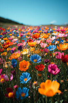Photo r&eacute;aliste professionnelle d&rsquo;un champ vibrant de fleurs sauvages sous un ciel bleu clair, avec des fleurs color&eacute;es se balan&ccedil;ant doucement dans la brise