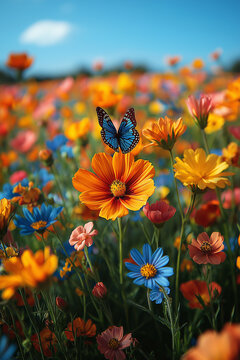Photo r&eacute;aliste professionnelle d&rsquo;un champ vibrant de fleurs sauvages sous un ciel bleu clair, avec des fleurs color&eacute;es se balan&ccedil;ant doucement dans la brise