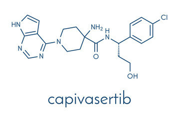 Capivasertib cancer drug molecule. Skeletal formula.