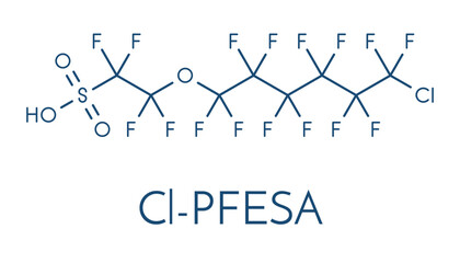 Chlorinated polyfluoroalkyl ether sulfonic acid (6:2 Cl-PFESA) PFAS class molecule. Skeletal formula.