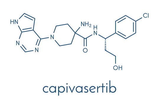 Capivasertib cancer drug molecule. Skeletal formula.