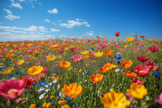 Photo r&eacute;aliste professionnelle d&rsquo;un champ vibrant de fleurs sauvages sous un ciel bleu clair, avec des fleurs color&eacute;es se balan&ccedil;ant doucement dans la brise