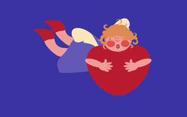 Valentine's Day Greeting Card in hand drawn retro colors style. Includes cupids with heart and red heart. Cute characters for romantic holiday celebration.