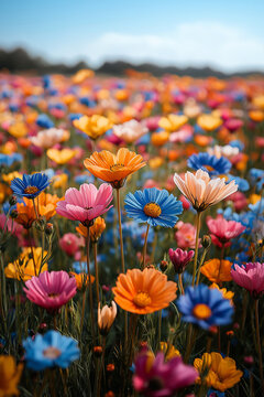 Photo r&eacute;aliste professionnelle d&rsquo;un champ vibrant de fleurs sauvages sous un ciel bleu clair, avec des fleurs color&eacute;es se balan&ccedil;ant doucement dans la brise