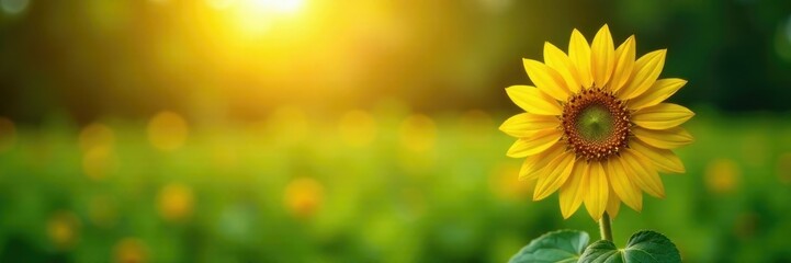 Obraz premium Single sunflower facing sun, lush green background , floral, focus, yellow