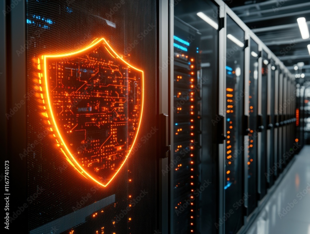 Poster cybersecurity event showcasing data protection strategies in a modern server room environment
