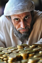 Man with head covering gazes at gold coins.
