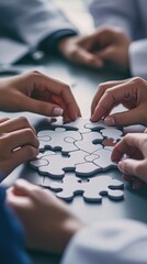 Hands joining jigsaw puzzle pieces, teamwork concept.