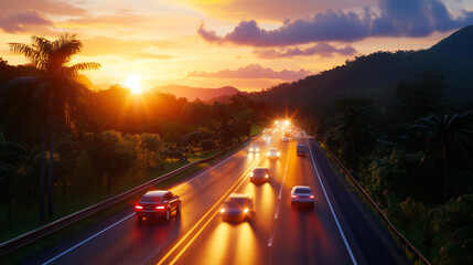 Obraz premium A golden sunset over a bustling highway surrounded by lush green forests and rolling hills, with vehicles speeding along illuminated lanes.