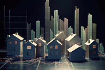 Miniature houses with glowing windows surrounded by futuristic skyscrapers in a digital environment