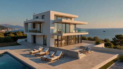 Fototapeta premium Modern luxury villa with infinity pool overlooking the sea at sunset.