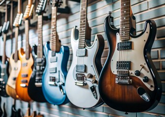 Group photo of electric guitars on the wall