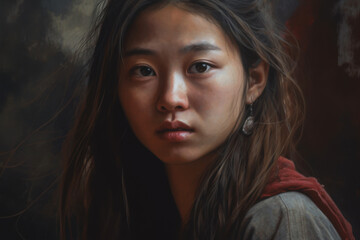 Fototapeta premium Portrait of a young woman with a pensive expression captured in warm natural lighting