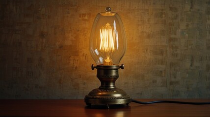 Illuminated vintage table lamp with Edison bulb.
