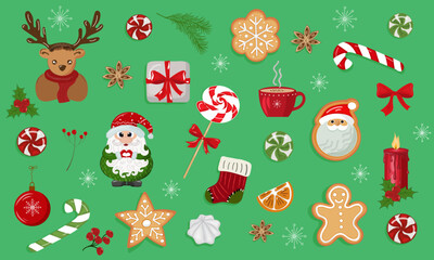 Collection of vector images of Christmas objects, elements and decorations featuring deer, Santa Claus, Christmas trees, gift boxes, candles, buns with spices, candies and much more.