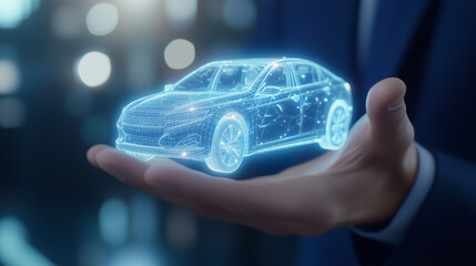 A corporate figure in a navy blue suit presenting a luminous car hologram in a cupped hand gesture, highlighting advanced automobile protection and futuristic design.