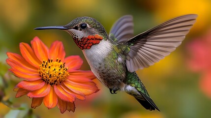 Fototapeta premium Rubythroated Hummingbird Archilochus colubris shimmering green body rubyred throat hovering near a vibrant flower with blurred natural background displaying rapid wingbeats