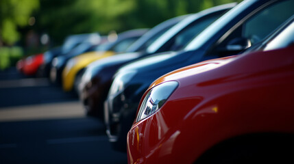 Fototapeta premium A neatly arranged row of modern cars parked in an outdoor lot under bright sunlight. The vehicles display a variety of sleek designs and colors, highlighting a sense of order and s