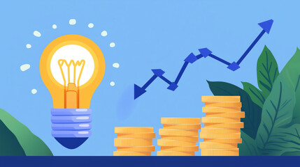 A bright light bulb glowing with innovation stands next to stacks of coins arranged as a growing chart, symbolizing financial progress and creativity. The graph highlights a steady