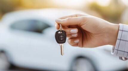 A vibrant moment of a woman receiving car keys while seated in a stylish white car, her expression glowing with happiness. The composition highlights the handoff gesture, with the