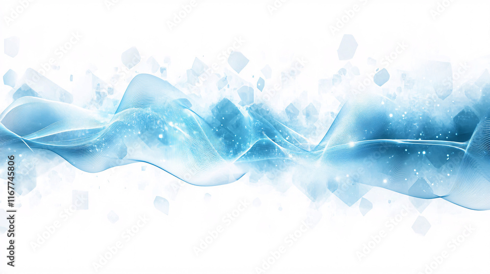 Poster a smooth flowing blue energy wave with sparkling particles on a white background creating a futurist