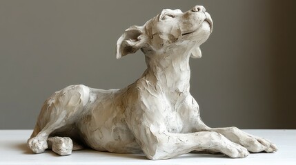 Serene clay sculpture of a dog, lying down, head tilted up.