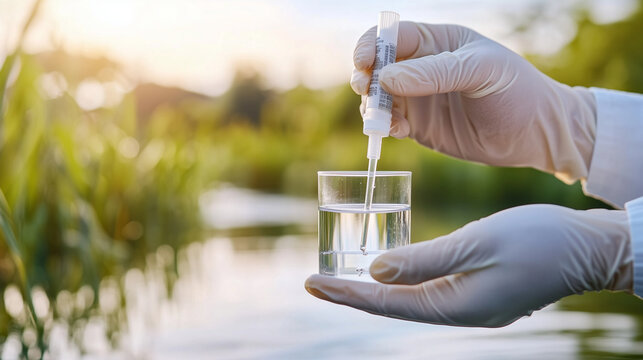Gloved hands testing water using a pipette and a glass container, with floating labels of harmful contaminants like PFAs, lead (Pb), mercury (Hg), and cadmium (Cd). The image repre